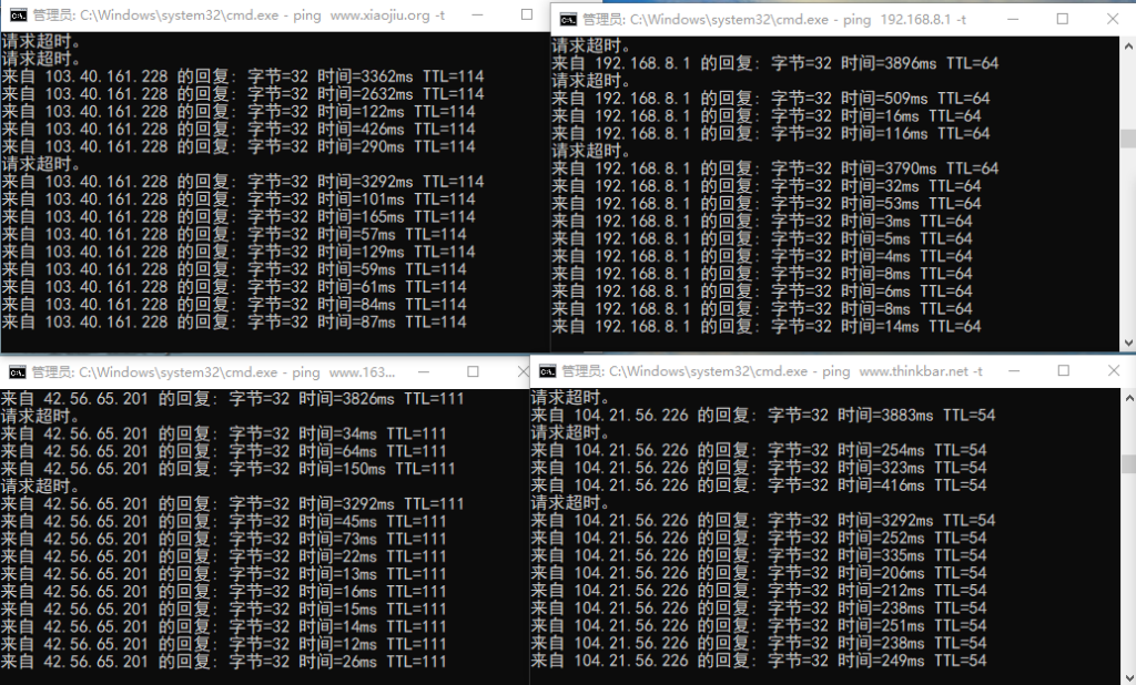 四窗口 Ping 结果数据分析（结合 USB3.0 硬盘干扰 WiFi 场景）